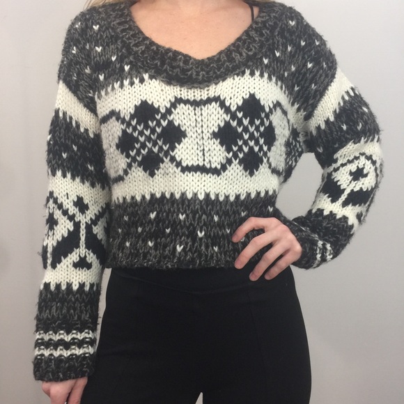 Free People Sweaters - Free People Grey White Fair Isle Wool Knit Sweater